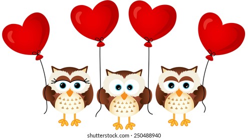 Love owls with heart balloons