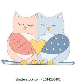 Love Owls Vector illustration.
Blue and Pink set.