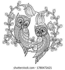 Love of owls.
Zentangle stylized cartoon isolated on white background. 
Hand drawn sketch illustration for adult coloring book. 
