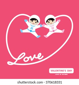 Love is Oxygen for Lover wearing space suits. And holding hands while floating in the air.