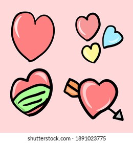 Love Pack Object Ornament flat design. Cartoon Style with pink, blue yellow colours. and with mask for valentine