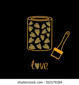 Love paint with hearts inside. Brush. Gold sparkles glitter texture Black background Vector illustration