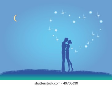 In love pair under constellation in form heart