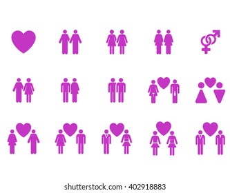 Love Pairs vector icon set. Style is violet flat symbols isolated on a white background.