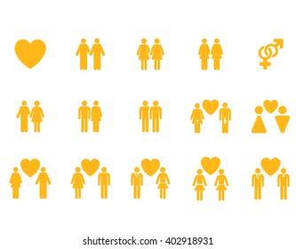 Love Pairs vector icon set. Style is yellow flat symbols isolated on a white background.