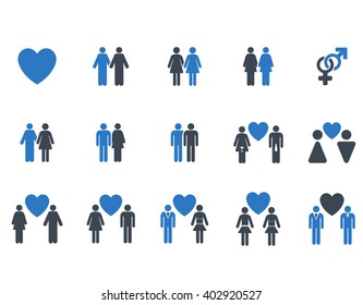 Love Pairs vector icon set. Style is bicolor smooth blue flat symbols isolated on a white background.