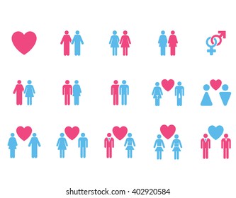 Love Pairs vector icon set. Style is bicolor pink and blue flat symbols isolated on a white background.