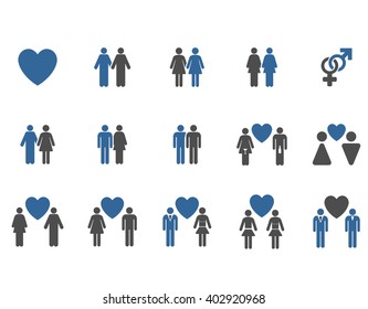 Love Pairs vector icon set. Style is bicolor cobalt and gray flat symbols isolated on a white background.