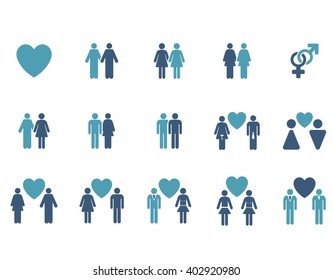 Love Pairs vector icon set. Style is bicolor cyan and blue flat symbols isolated on a white background.