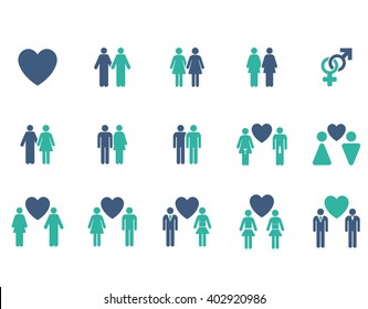 Love Pairs vector icon set. Style is bicolor cobalt and cyan flat symbols isolated on a white background.