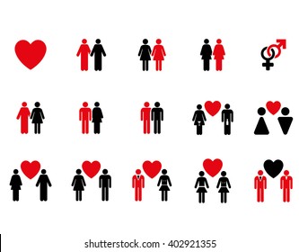 Love Pairs vector icon set. Style is bicolor intensive red and black flat symbols isolated on a white background.