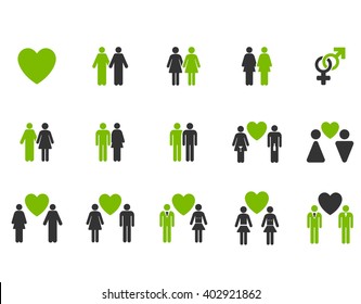 Love Pairs vector icon set. Style is bicolor eco green and gray flat symbols isolated on a white background.