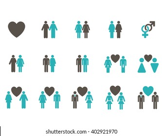 Love Pairs vector icon set. Style is bicolor grey and cyan flat symbols isolated on a white background.