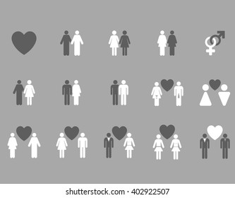 Love Pairs vector icon set. Style is bicolor dark gray and white flat symbols isolated on a silver background.