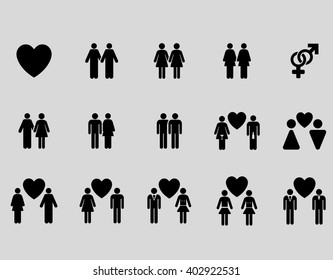 Love Pairs vector icon set. Style is black flat symbols isolated on a light gray background.