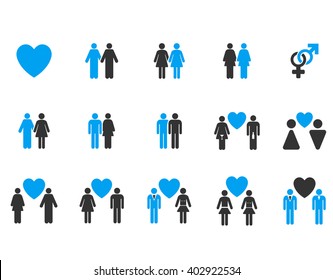 Love Pairs vector icon set. Style is bicolor blue and gray flat symbols isolated on a white background.