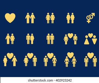 Love Pairs vector icon set. Style is yellow flat symbols isolated on a blue background.