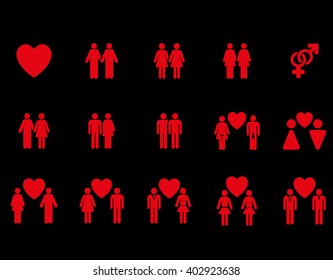 Love Pairs vector icon set. Style is red flat symbols isolated on a black background.