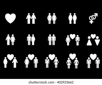 Love Pairs vector icon set. Style is white flat symbols isolated on a black background.