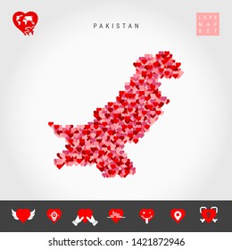 I Love Pakistan. Red and Pink Hearts Pattern Vector Map of Pakistan Isolated on Grey Background. Love Icon Set.