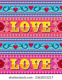 Love Pakistani and Indian truck art style vector seamless pattern with text and flowers - Valentine's Day. Unique repetitive background inspired by traditional lorry and rickshaw painted decorations