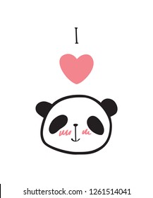  I love panda. Greeting card  with heart and little cute panda. Vector illustration.