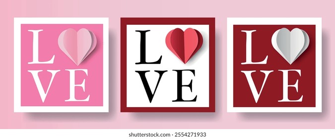 Love Paper Cut Cards with 3D Heart. Valentine's Day, Happy Women, Mother. Vector Illustration with Red, Pink and White Heart. Design Concept Love Poster for Social Media, Web, Marketing, sale.
