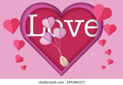 Love Paper Cut Design.Valentine's day Decoration. Pink Heart Balloons in Hand with text LOVE design for Valentine's day festival. love pink background. Vector illustration.paper art style.