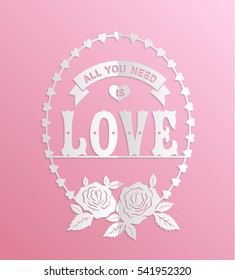 Love paper cut on pink for wedding and valentine's day card. Vector illustration.