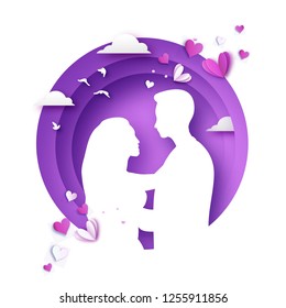 Love paper cut style. Origami couple. Valentines day. Lovely girl and boy. Marry me. Purple. Vector