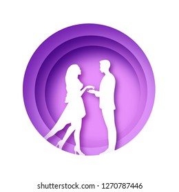 Love paper cut style. Origami white silhouette couple. Valentines day. Lovely girl and boy. Circle layered frame. Purple.