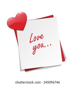 Love paper note on wall with red heart magnet isolated on white background