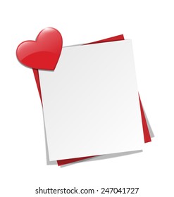 Love paper note on wall with red heart magnet isolated on white background