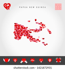 I Love Papua New Guinea. Red and Pink Hearts Pattern Vector Map of Papua New Guinea Isolated on Grey Background. Love Icon Set.