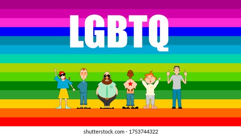 Love parade. Gay pride. LGBTQ. A group of people dressed in colourful clothes / flat editable vector illustration, clip art