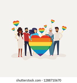 Love parade. A group of people holding a huge rainbow heart. LGBT community. Human rights. LGBTQ. Flat editable vector illustration