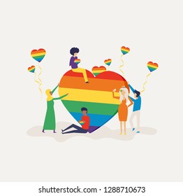 Love parade. A group of people holding a huge rainbow heart. LGBT community. Human rights. LGBTQ. Flat editable vector illustration