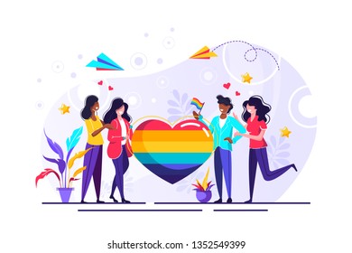 Love parade. A group of people holding a huge rainbow heart. LGBT community. Human rights. LGBTQ. Flat editable vector illustration, clip art