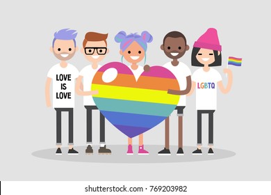 Love Parade. A Group Of People Holding A Huge Rainbow Heart. LGBT Community. Human Rights. LGBTQ. Flat Editable Vector Illustration, Clip Art