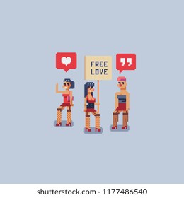 Love Parade. Group Of People. Human Rights. Gay Parade. Sexual Revolution Or Free Love. Pixel Art Caracters. Isolated Vector Illustration.
