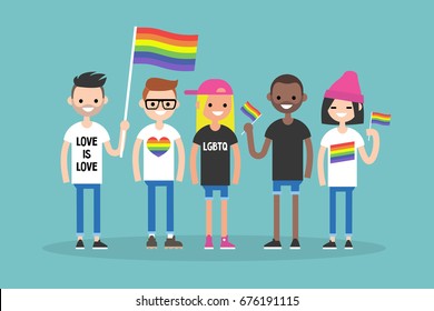 Love Parade. A Group Of People With Rainbow Flags And Symbols. LGBT. LGBTQ.
