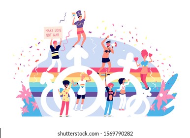 Love parade. Rainbow lgbtq pride activism and bisexual laws. Gay, lisbians and trans happy holiday event vector concept