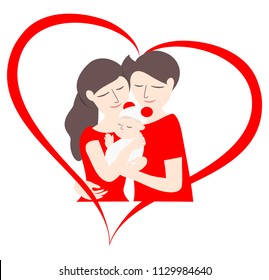 Love of parents and baby in the red heart, vector image