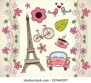 Love Paris background with different icons vector illustration