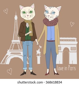 Love in Paris. Cats love. Cats in Paris. Hipster cats. Girl and boy in Paris. Sweet Paris postcard vector. The Eiffel Tower vector. Triumphal Arch vector. Wedding in Paris. Wedding vintage postcard