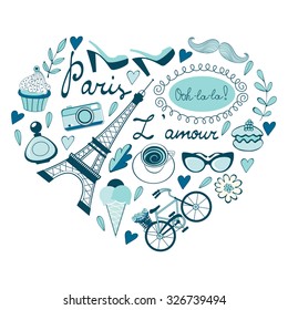 Love for Paris concept card. Paris related icons in heart shape composition. Vector illustration