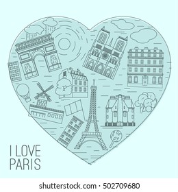 I love Paris creative concept. Stylish vector illustration in light blue tones. Paris landmarks collection with main sights miniatures.
