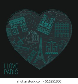 I love Paris creative concept. Stylish vector illustration in vivid blue tones on a dark grey background. Paris landmarks collection with main sights miniatures.