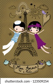 Love in Paris - Cute little couple celebrating their Paris love, doodle-style illustration