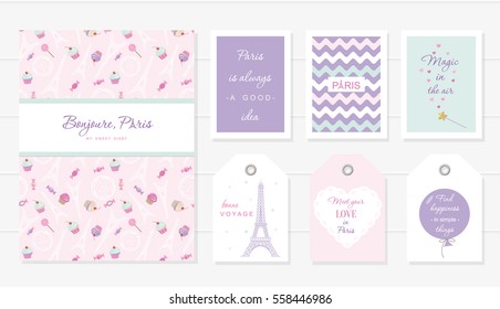 Love in Paris design. Notebook, cards and tags cute templates set. Honey moon, Valentine's, french bakery design. Included seamless pattern with Eiffel tower and sweets - cupcakes, candies.